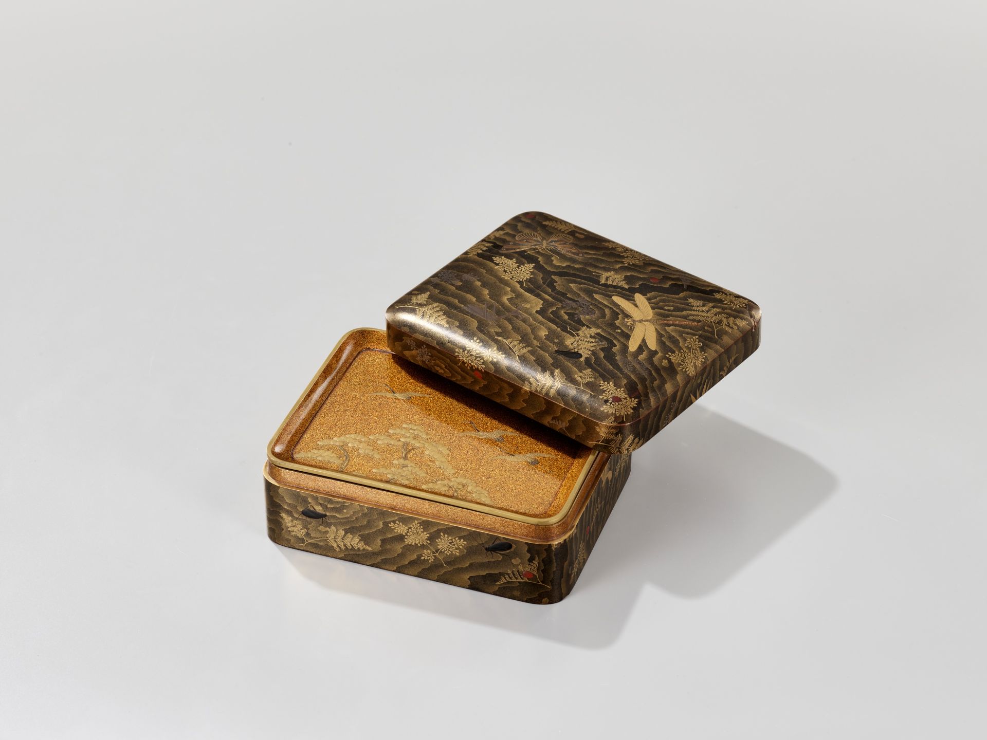 A FINE LACQUER BOX AND COVER DEPICTING INSECTS WITH INTERIOR TRAY - Image 5 of 10