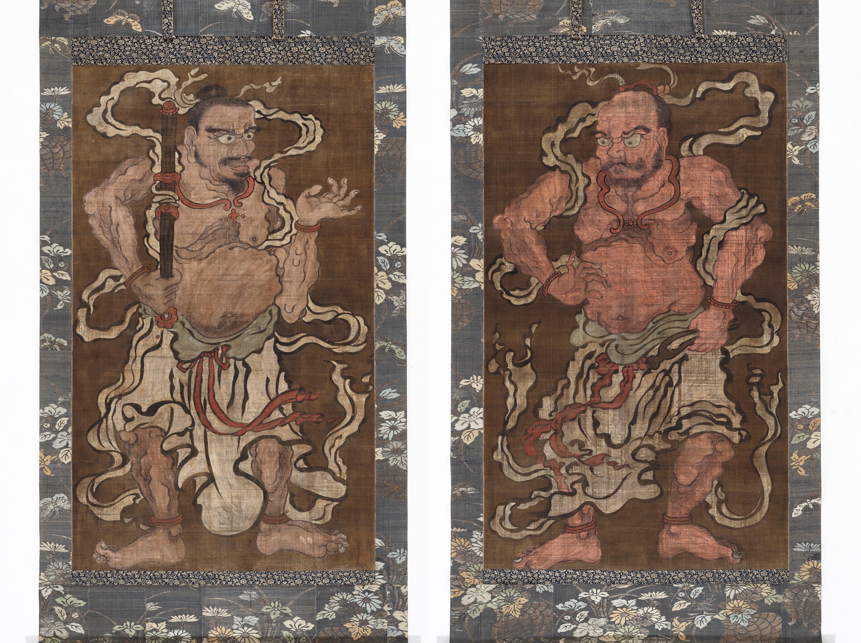 AN IMPRESSIVE PAIR OF LARGE SCROLL PAINTINGS DEPICTING NIO GUARDIANS