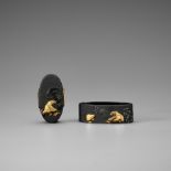 TAKASE EIZUI: A FINE PAIR OF SHAKUDO NANAKO FUCHI AND KASHIRA WITH ROOSTER AND CHICK