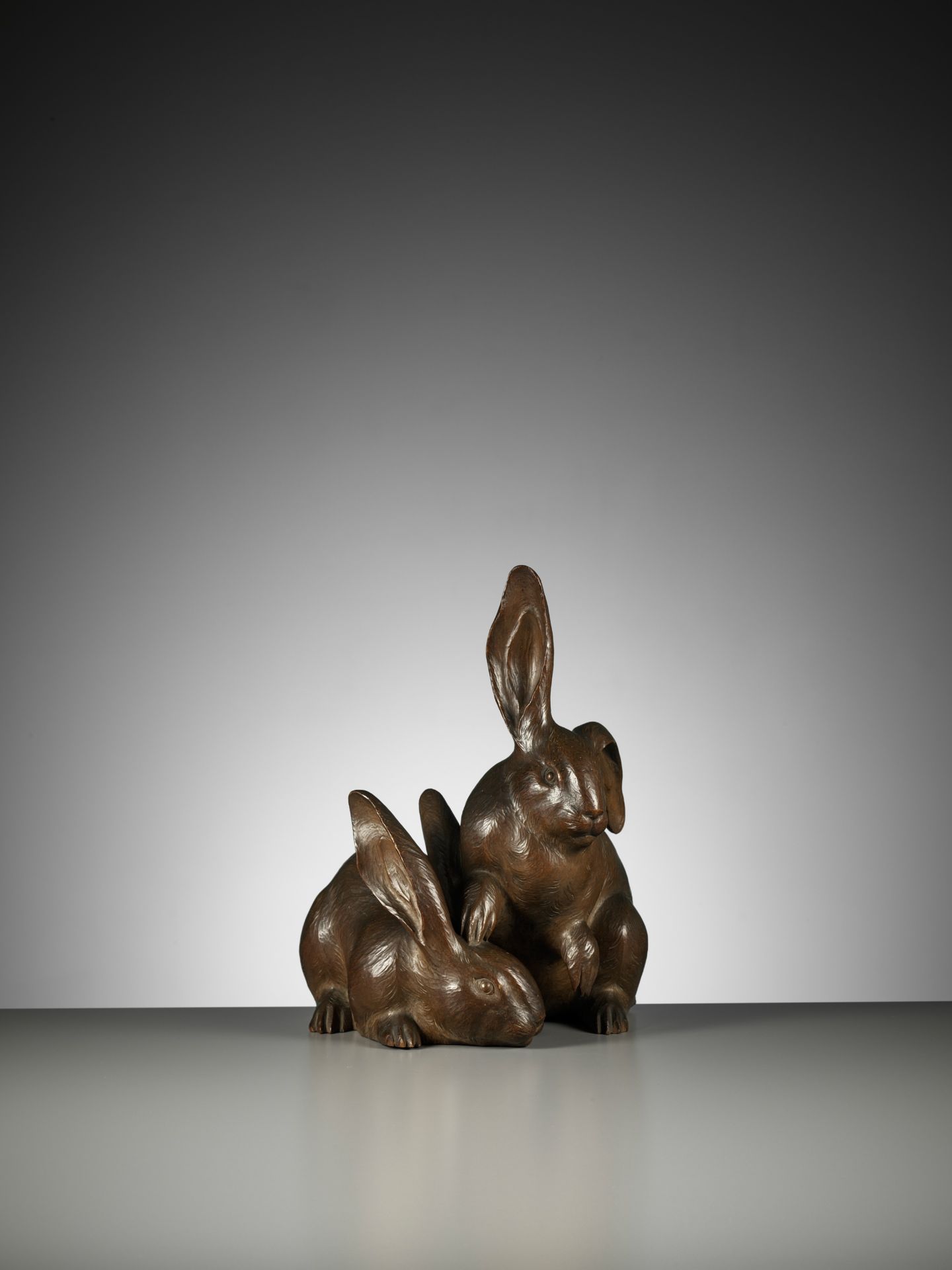 HIROYUKI: A FINE BOXWOOD OKIMONO OF LONG-EARED HARES - Image 2 of 13