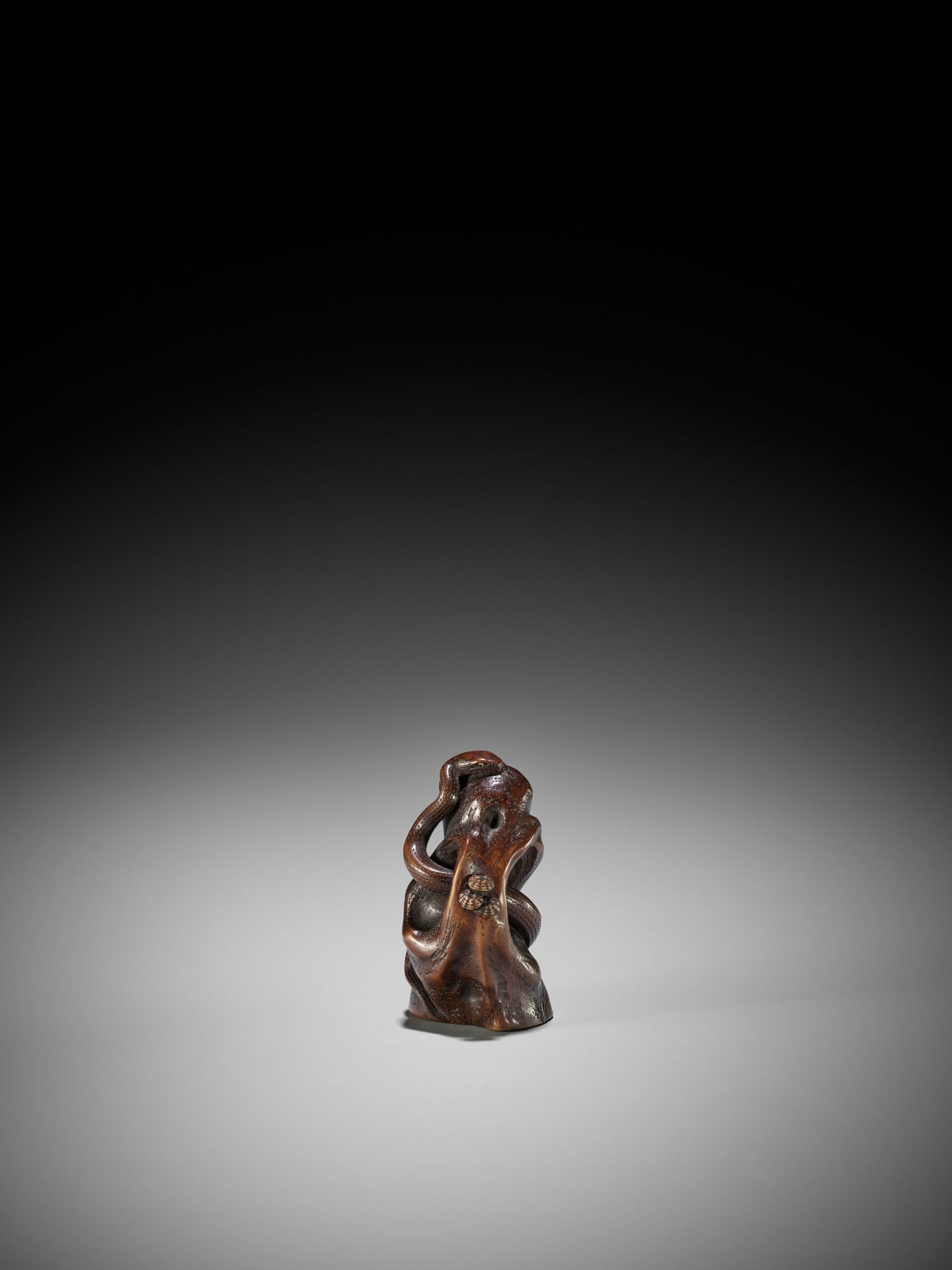 SUKEYUKI: A FINE WOOD OKIMONO OF A SNAKE WINDING THROUGH A ROCK - Image 6 of 15