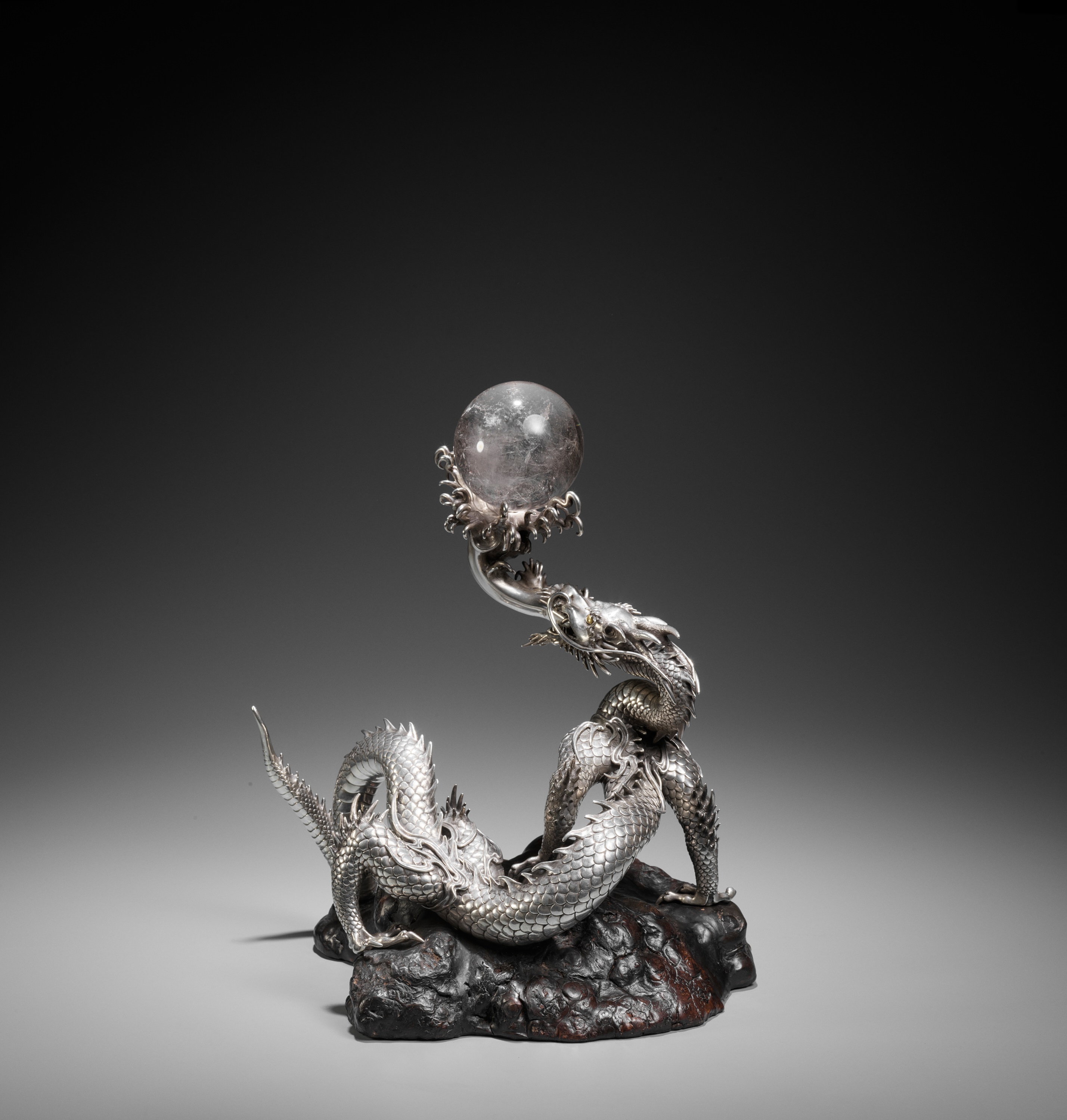 SANMI: A MASTERFUL SILVER OKIMONO OF A DRAGON WITH ROCK CRYSTAL SPHERE - Image 3 of 21