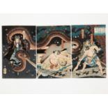 UTAGAWA YOSHITSUYA: A COLOR WOODLOCK PRINT TRIPTYCH DEPICTING KOGAKURE NO KIRITARO, DATED 1861