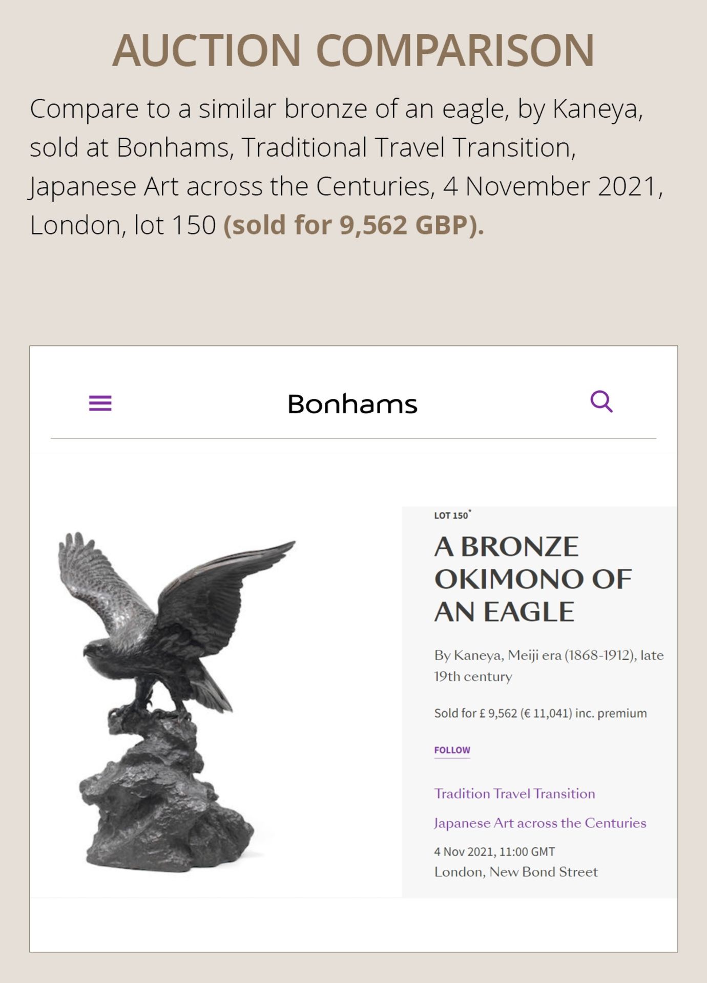 AKASOFU GYOKKO: AN IMPRESSIVE AND RARE BRONZE OKIMONO OF AN ASCENDING EAGLE - Image 5 of 18