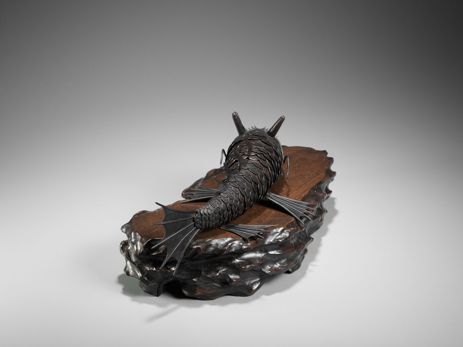 A RARE MYOCHIN SCHOOL IRON ARTICULATED JIZAI OKIMONO OF A SCHACHIHOKO (DRAGON FISH) - Image 13 of 16