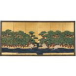 A FINE SIX-PANEL BYOBU SCREEN DEPICTING CRANES AND PINES