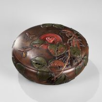 IKKOKUSAI: A SUPERB TAKAMORIE LACQUERED CIRCULAR WOOD BOX AND COVER WITH INSECTS AND LEAVES