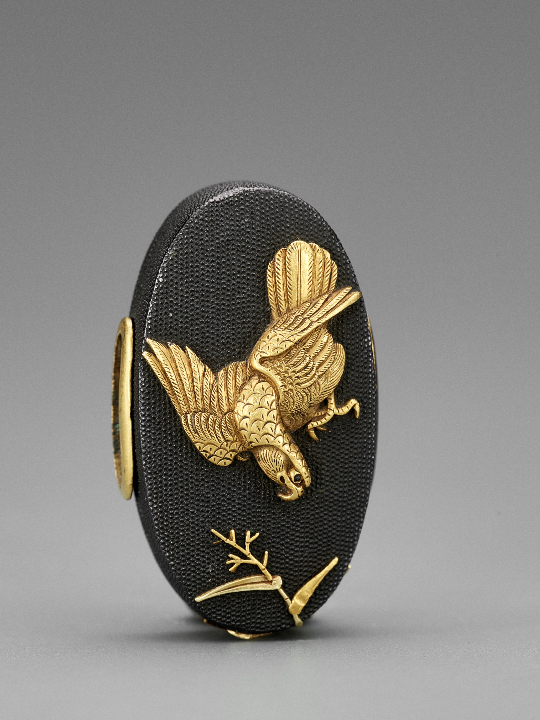 TAKASE EIJU: A MASTERFUL TAKASE SCHOOL SHAKUDO KASHIRA AND FUCHI DEPICTING A FALCONS HUNTING EGRETS - Image 4 of 9