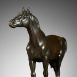 ATSUYOSHI FOR THE MARUKI COMPANY: A MASTERFUL PORTRAIT BRONZE OKIMONO OF A STRIDING HORSE