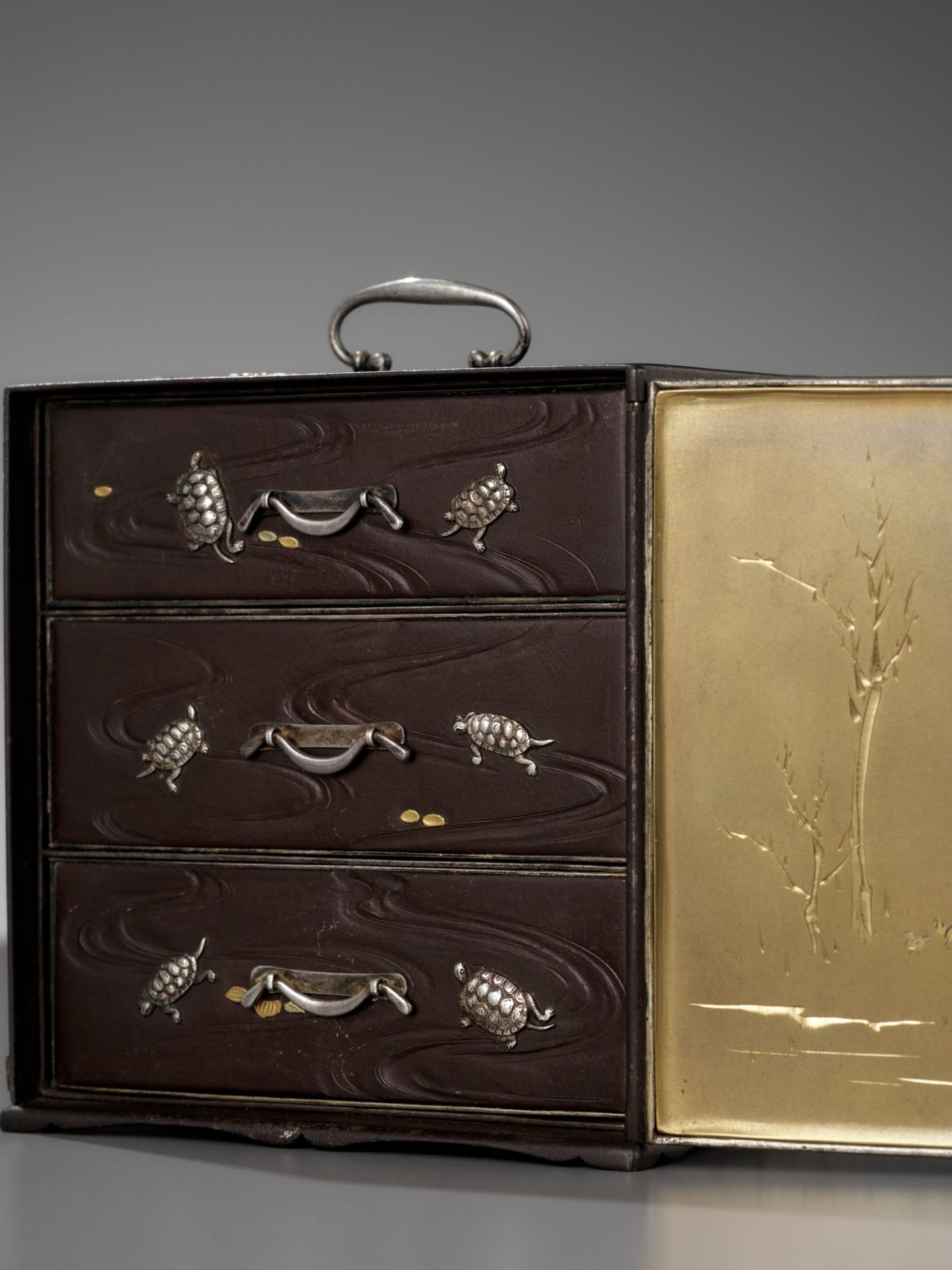 AN EXCEPTIONALLY RARE INLAID IRON MINIATURE KODANSU (CABINET) WITH TURTLES AND CRANES - Image 6 of 12