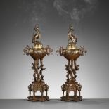 A PAIR OF SUPERB GOLD-INLAID BRONZE 'MYTHICAL BEASTS' KORO (INCENSE BURNERS) AND COVERS