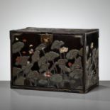 A RITSUO STYLE CERAMIC-INLAID AND LACQUERED WOOD KODANSU (CABINET) WITH A LOTUS POND AND EGRETS