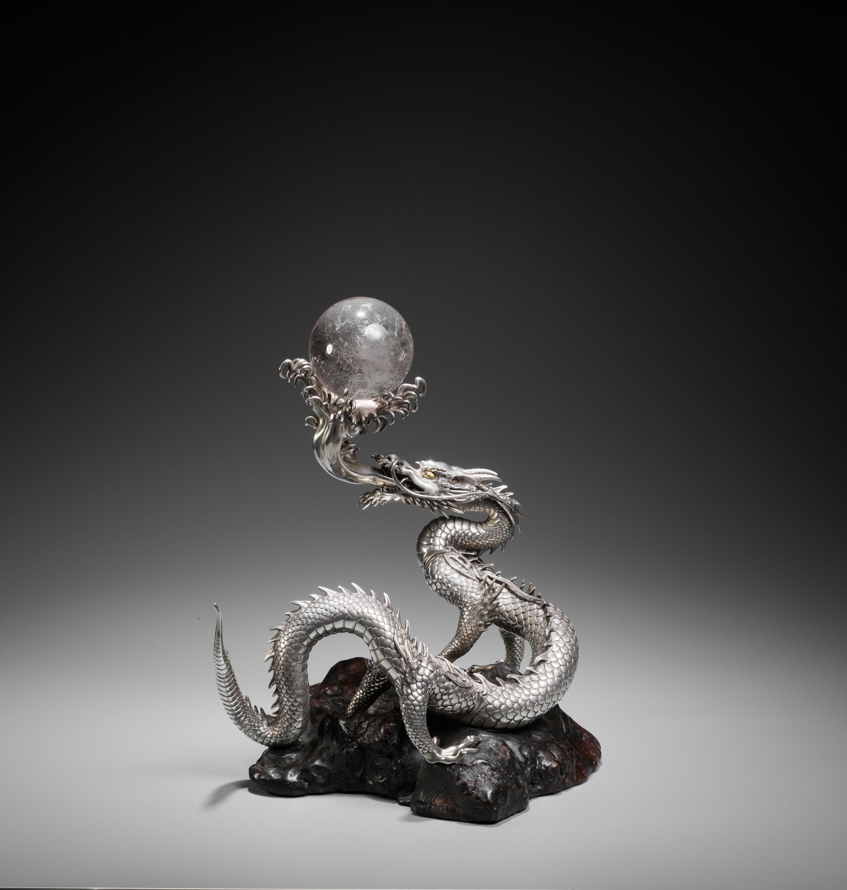 SANMI: A MASTERFUL SILVER OKIMONO OF A DRAGON WITH ROCK CRYSTAL SPHERE - Image 9 of 21
