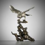 HANEHIRO: A FINE SILVERED BRONZE OKIMONO OF A HAWK