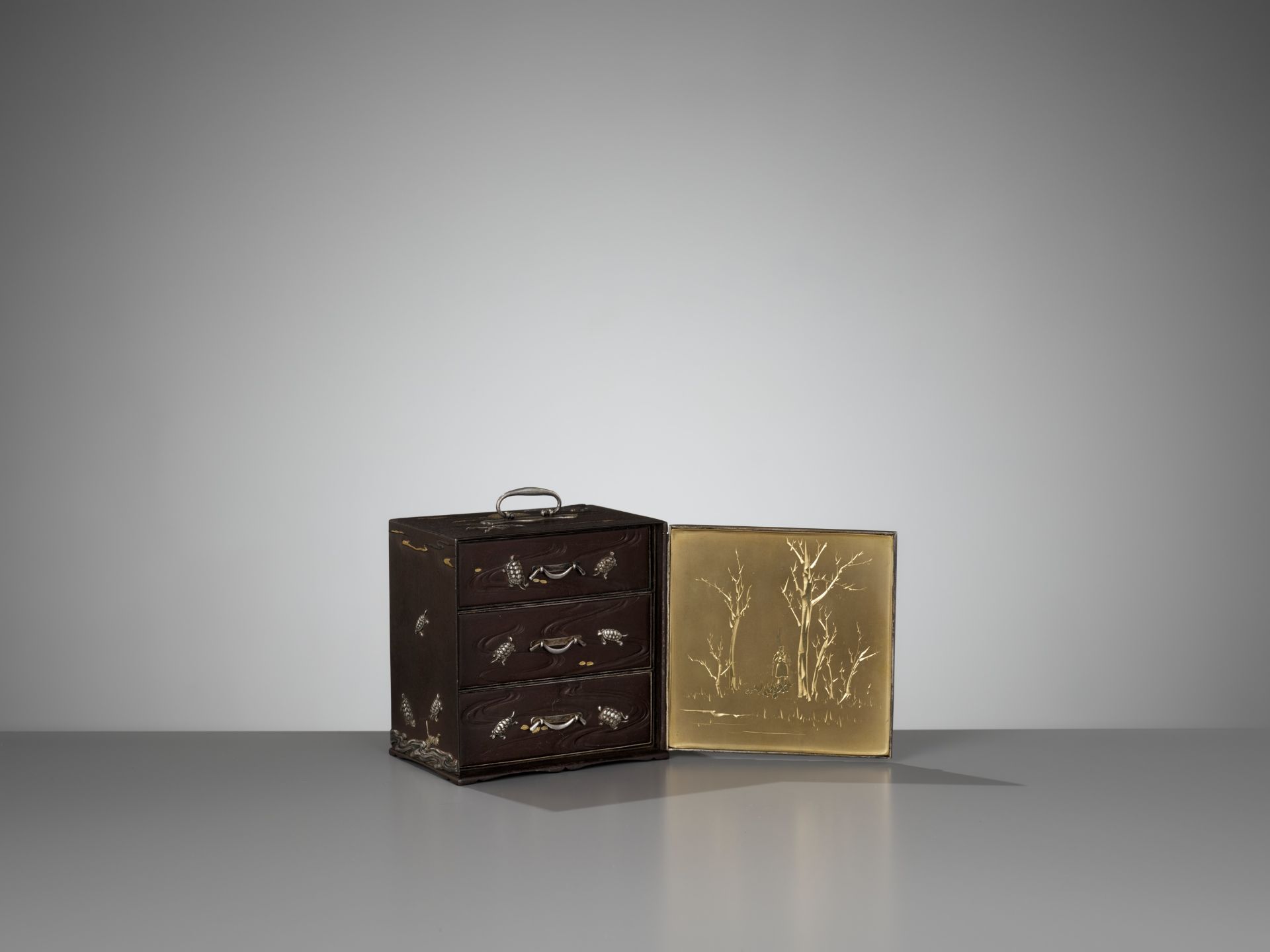 AN EXCEPTIONALLY RARE INLAID IRON MINIATURE KODANSU (CABINET) WITH TURTLES AND CRANES - Image 9 of 12