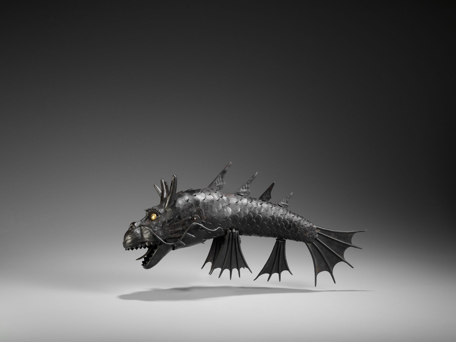 A RARE MYOCHIN SCHOOL IRON ARTICULATED JIZAI OKIMONO OF A SCHACHIHOKO (DRAGON FISH) - Image 2 of 16