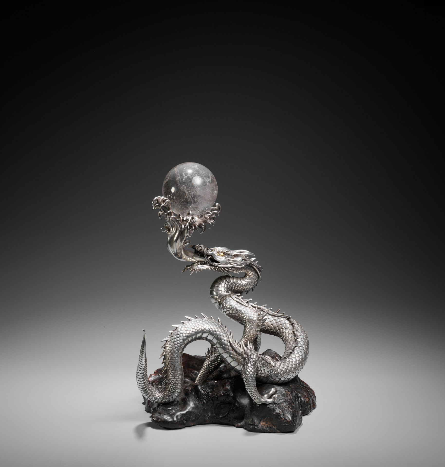 SANMI: A MASTERFUL SILVER OKIMONO OF A DRAGON WITH ROCK CRYSTAL SPHERE - Image 10 of 21