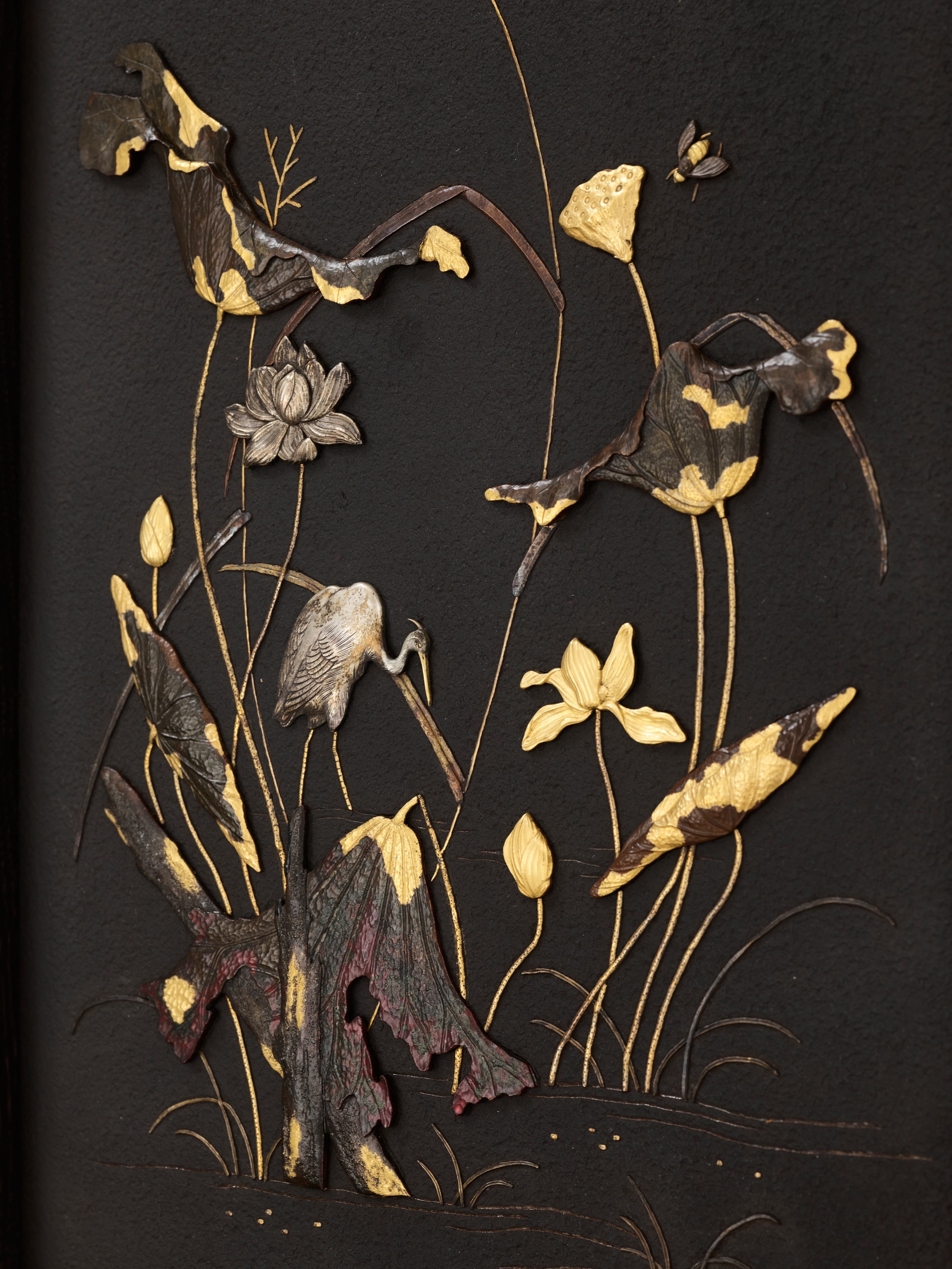 A FINE INLAID IRON PANEL DEPICTING EGRETS AND LOTUS - Image 2 of 5