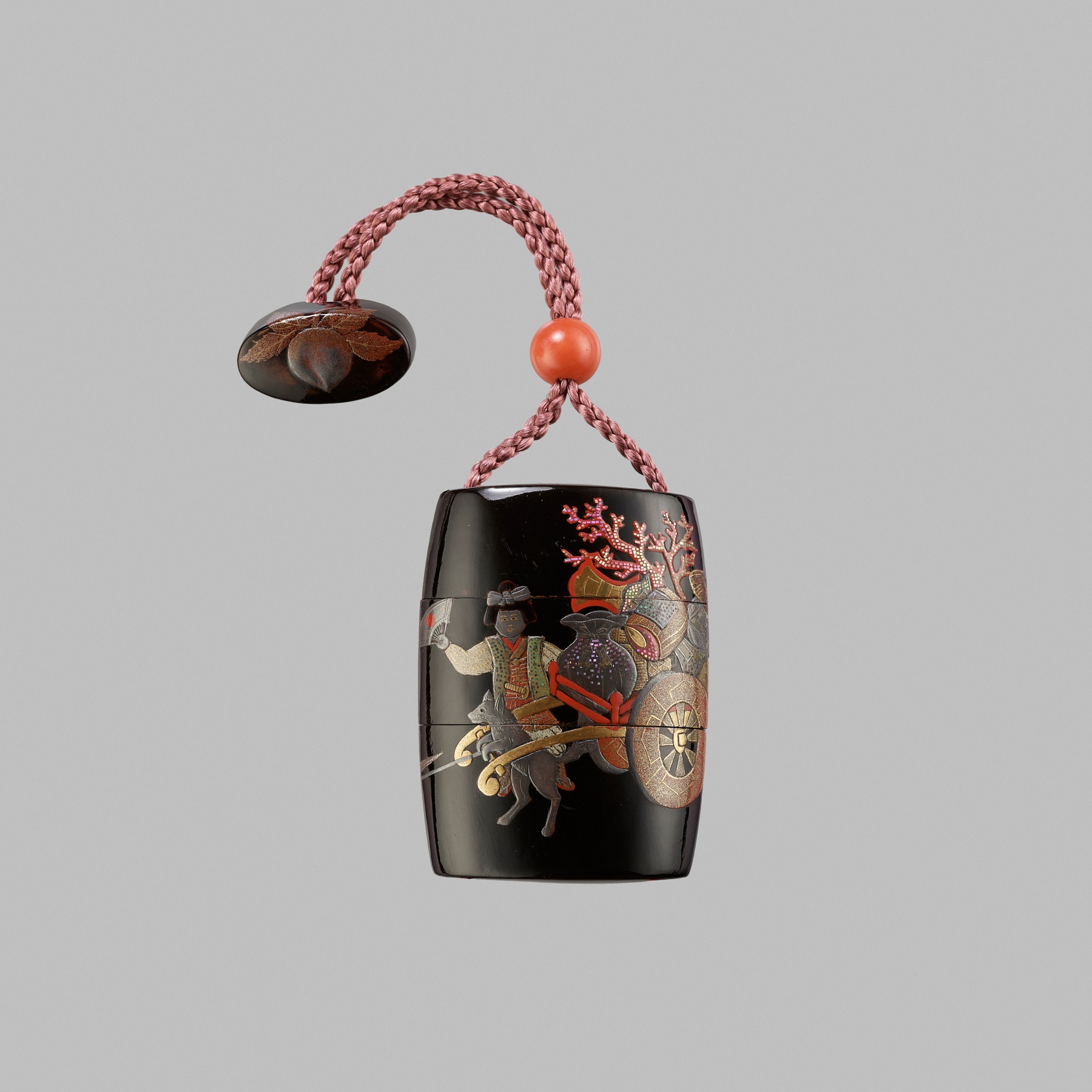 BIHO: A LACQUER TWO-CASE INRO DEPICTING MOMOTARO WITH HIS ANIMAL COMPANIONS AND TREASURE