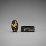 TAKASE EIJU: A MASTERFUL TAKASE SCHOOL SHAKUDO KASHIRA AND FUCHI DEPICTING A FALCONS HUNTING EGRETS