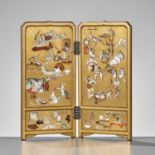 A RARE AND SUPERB SHIBAYAMA-STYLE INLAID GOLD LACQUER TABLE SCREEN WITH KYOSAI'S ANIMAL CIRCUS