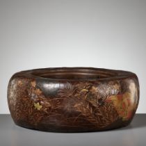 A LARGE RIMPA STYLE LACQUERED AND INLAID PAULOWNIA WOOD HIBACHI (BRAZIER) WITH LUNAR HARES