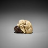 GYOKUSUI: A FINE TOKYO SCHOOL IVORY AND WOOD NETSUKE OF A PRIEST RESTING ON A MOKUGYO