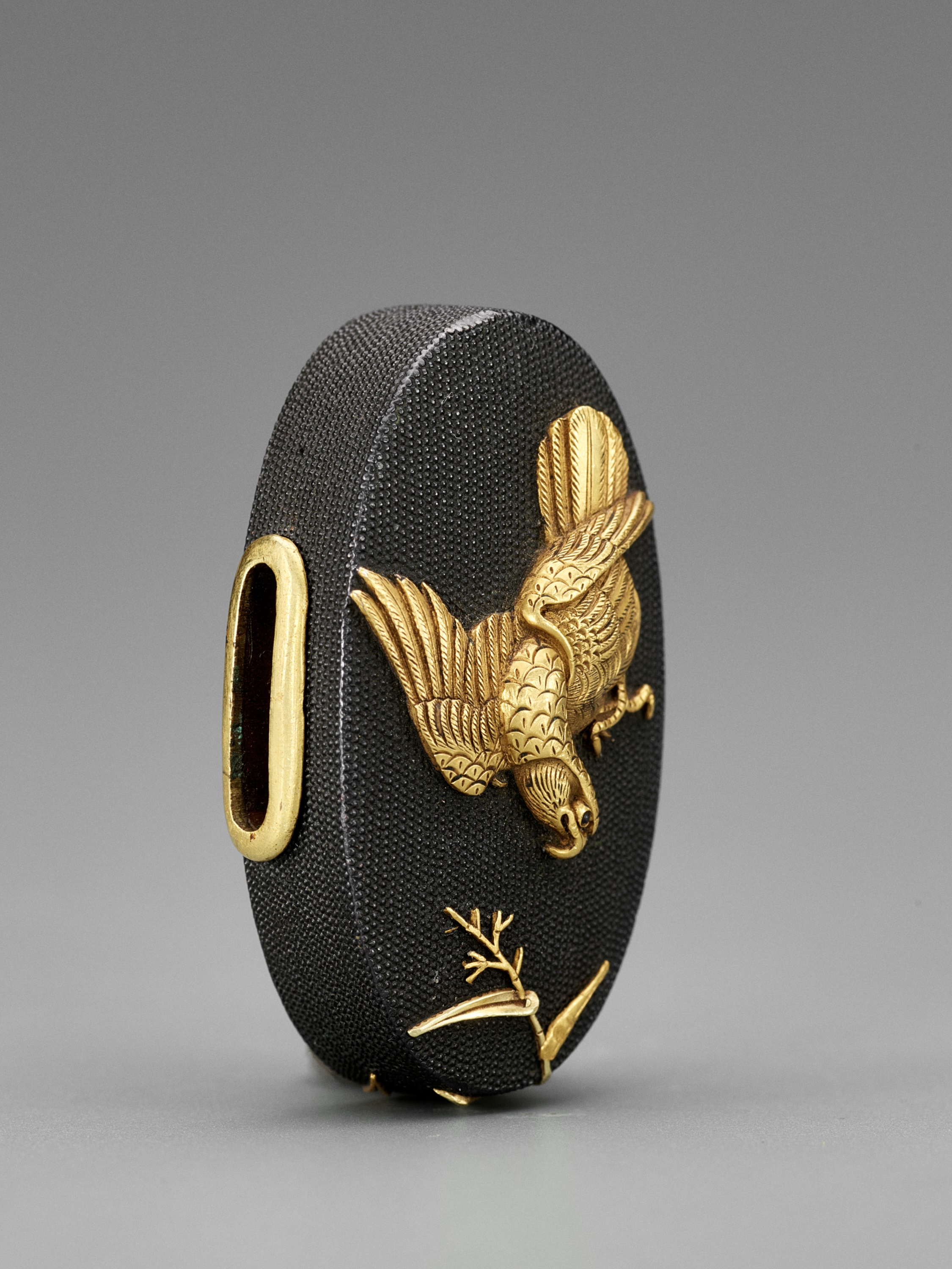 TAKASE EIJU: A MASTERFUL TAKASE SCHOOL SHAKUDO KASHIRA AND FUCHI DEPICTING A FALCONS HUNTING EGRETS - Image 3 of 9