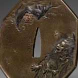 TOSHIMASA: A SUPERB SENTOKU TSUBA DEPICTING SHOKI WITH 'BAT ONI'