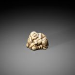 A CHARMING IVORY NETSUKE OF HOTEI WITH PUPPY