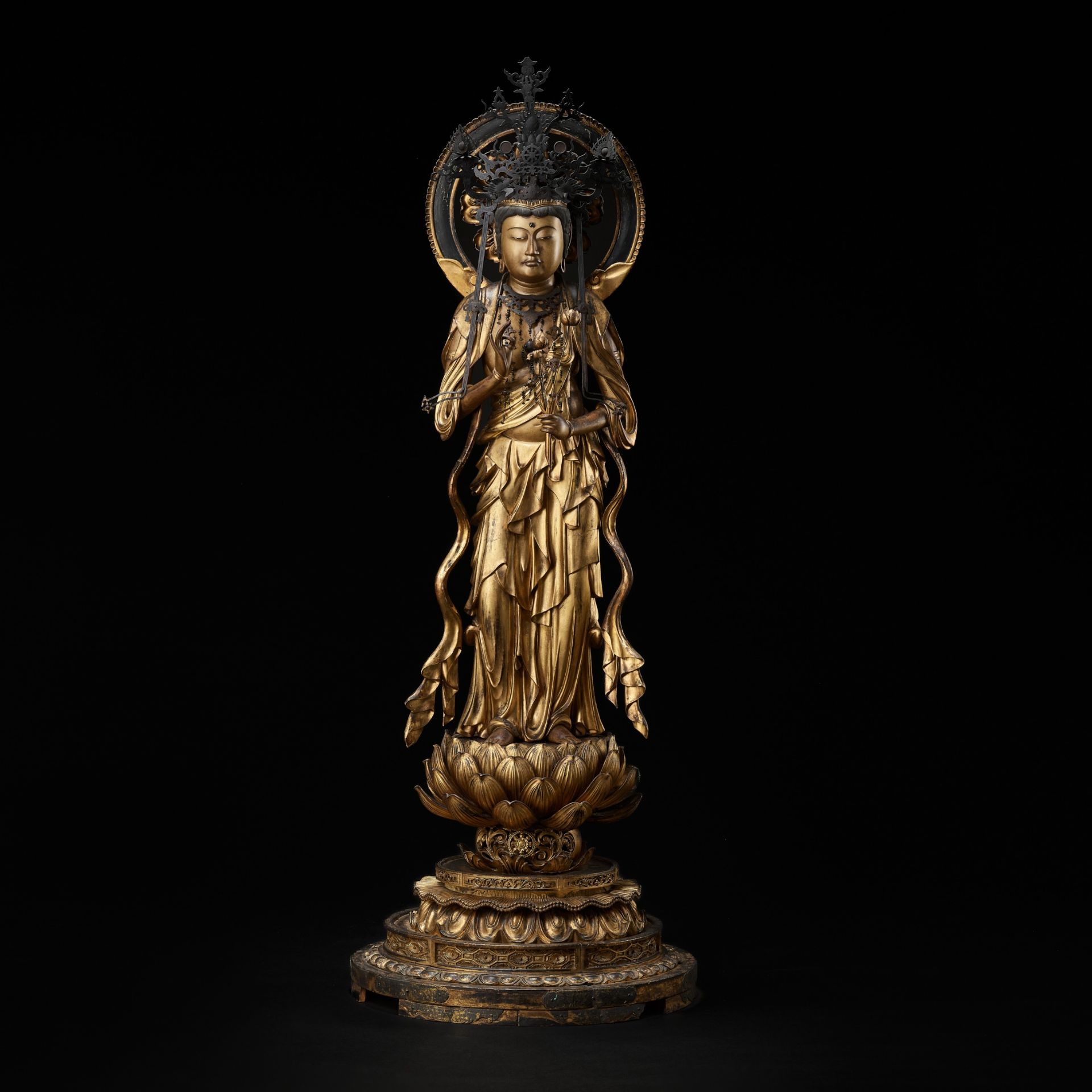 AN EXCEPTIONAL AND MONUMENTAL GILT WOOD FIGURE OF SEISHI BOSATSU