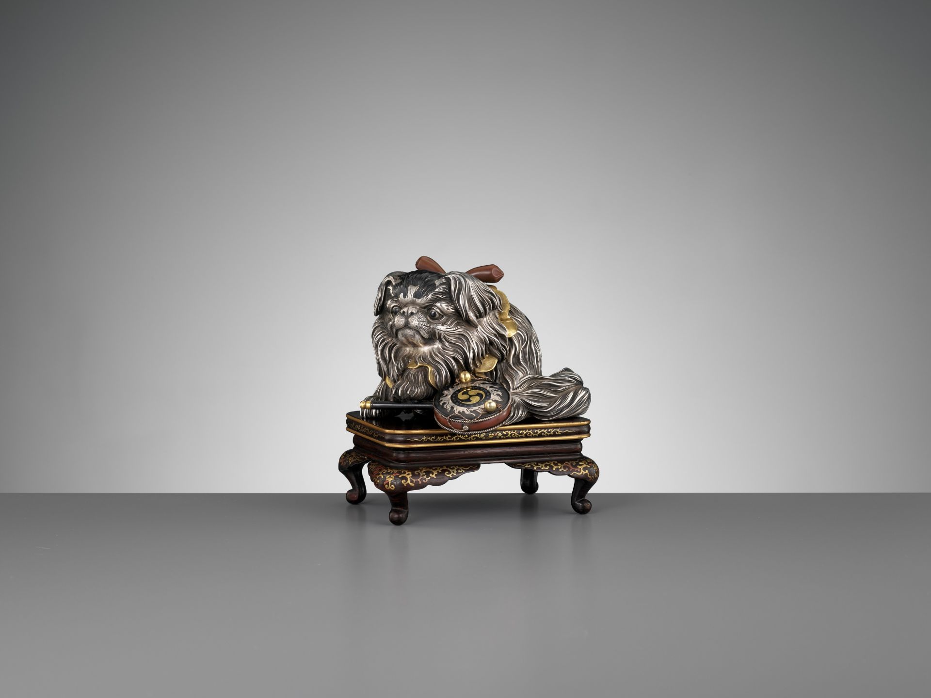 JOMI EISUKE II: A MASTERFUL SILVER OKIMONO OF A CHIN PUPPY WITH DRUM - Image 12 of 14