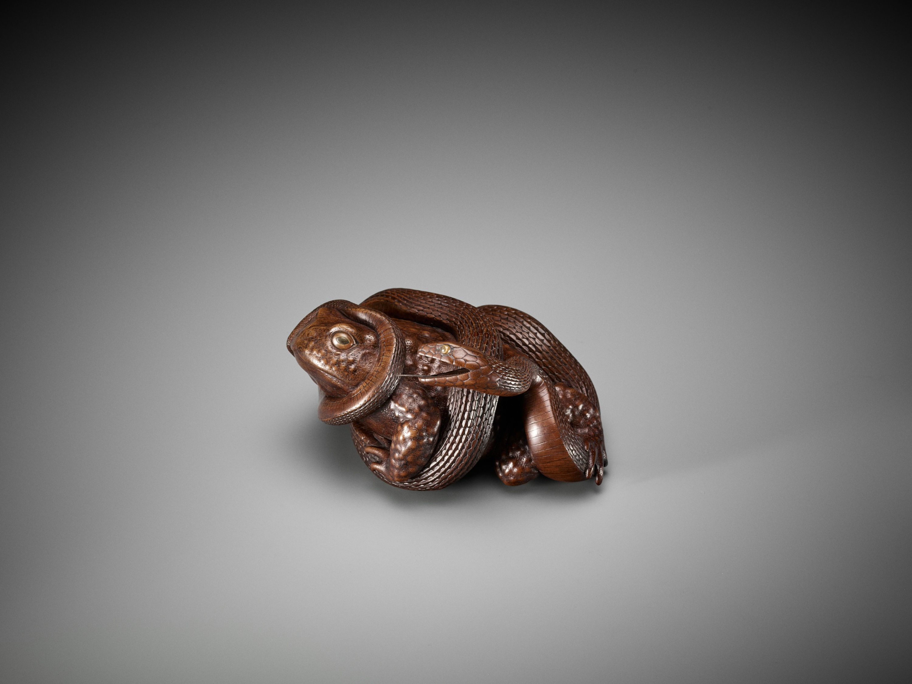 SUKENOBU: A MASTERFUL WOOD OKIMONO OF A TOAD AND SNAKE - Image 9 of 21