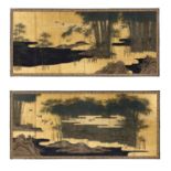 A PAIR OF FINE SIX-PANEL BYOBU SCREENS DEPICTING SPARROWS AND BAMBOO