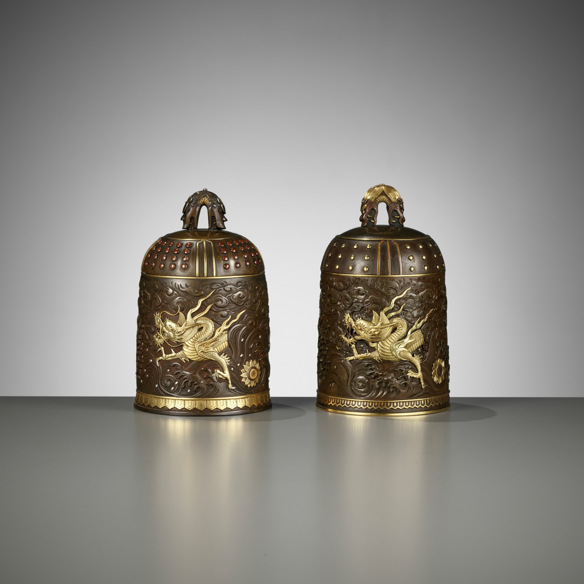 A MATCHED PAIR OF GOLD-INLAID BRONZE 'BUDDHIST TEMPLE BELL' KOGO, ONE BY MIYABE ATSUYOSHI