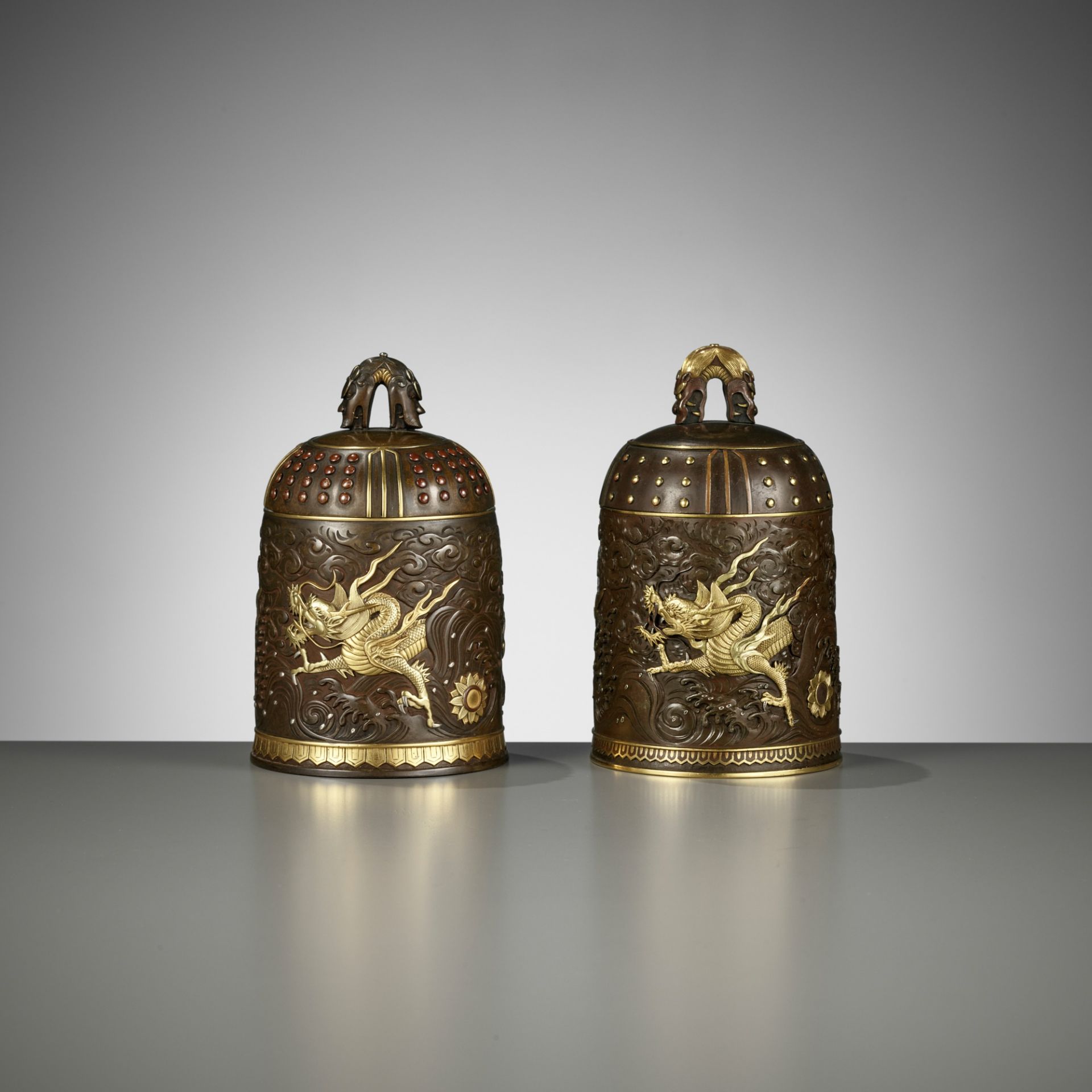 A MATCHED PAIR OF GOLD-INLAID BRONZE 'BUDDHIST TEMPLE BELL' KOGO, ONE BY MIYABE ATSUYOSHI