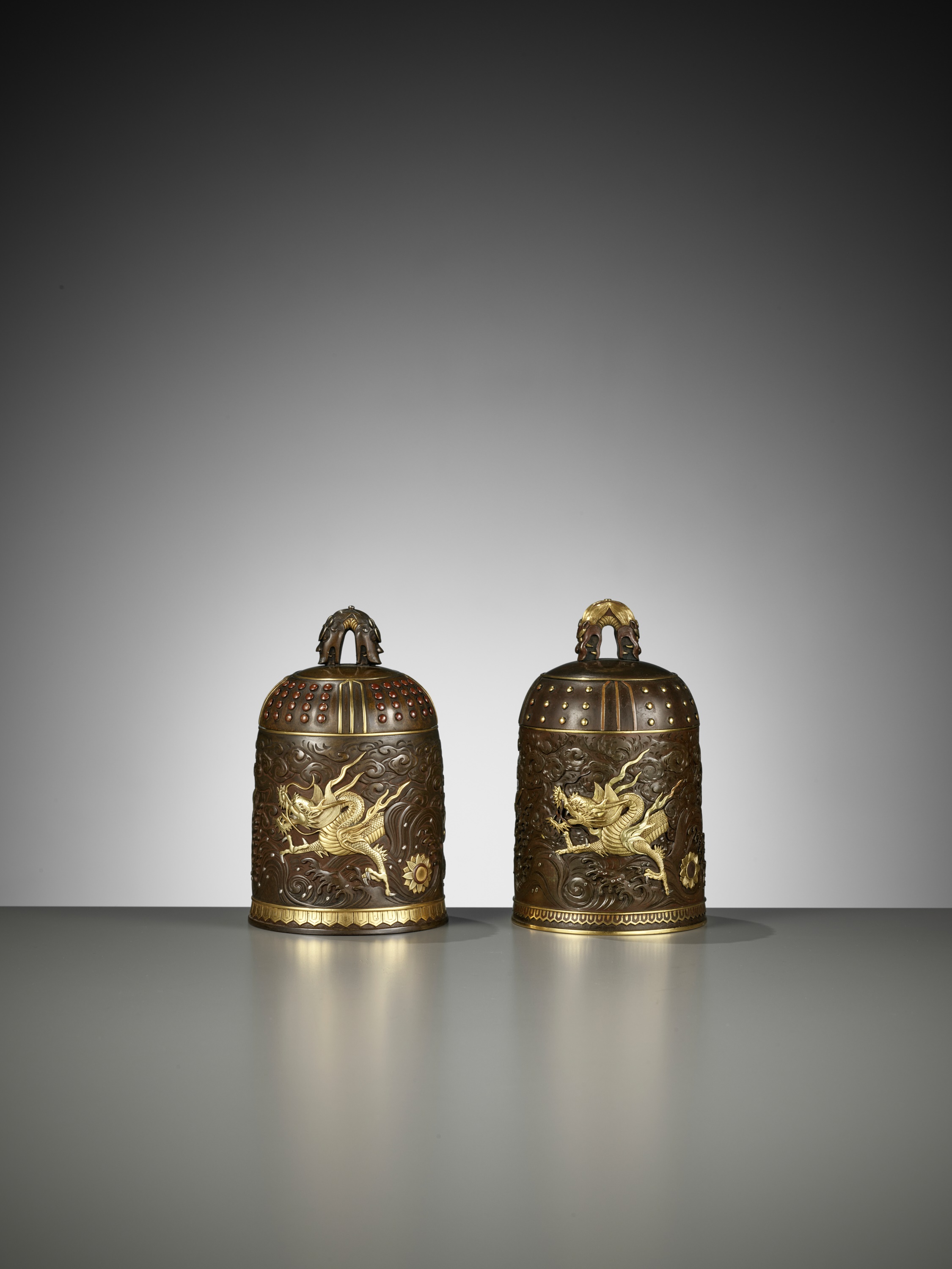 A MATCHED PAIR OF GOLD-INLAID BRONZE 'BUDDHIST TEMPLE BELL' KOGO, ONE BY MIYABE ATSUYOSHI - Image 3 of 15