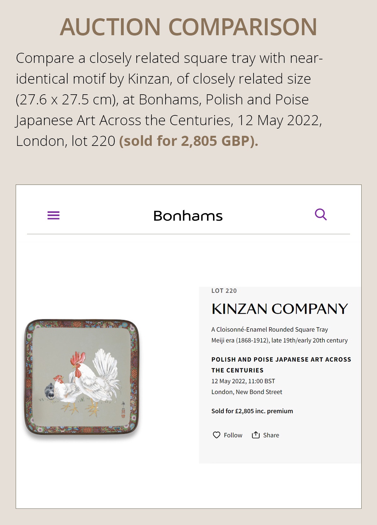 KINZAN: A CLOISONNÃ‰ ENAMEL SQUARE TRAY WITH COCKEREL AND HEN - Image 5 of 11