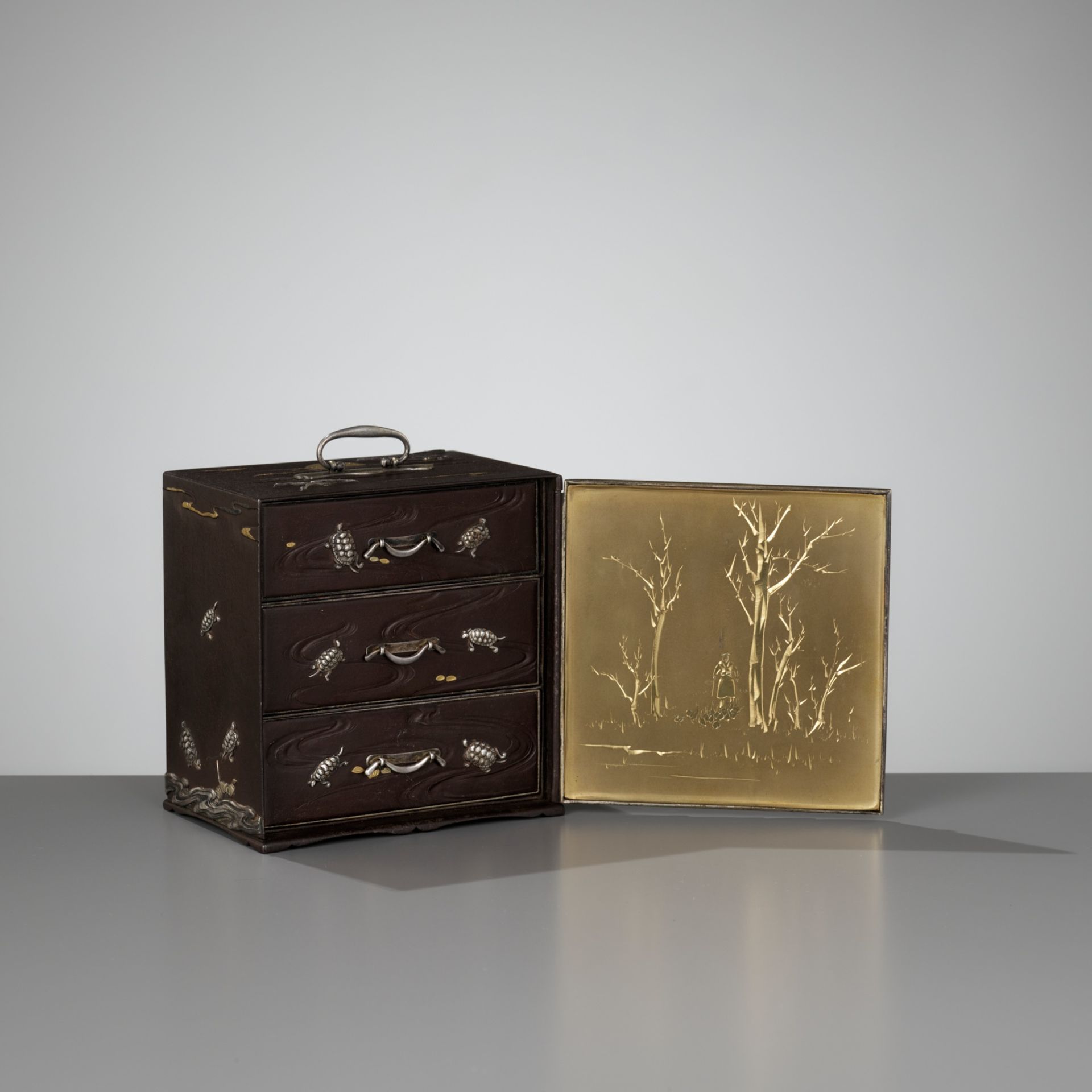 AN EXCEPTIONALLY RARE INLAID IRON MINIATURE KODANSU (CABINET) WITH TURTLES AND CRANES