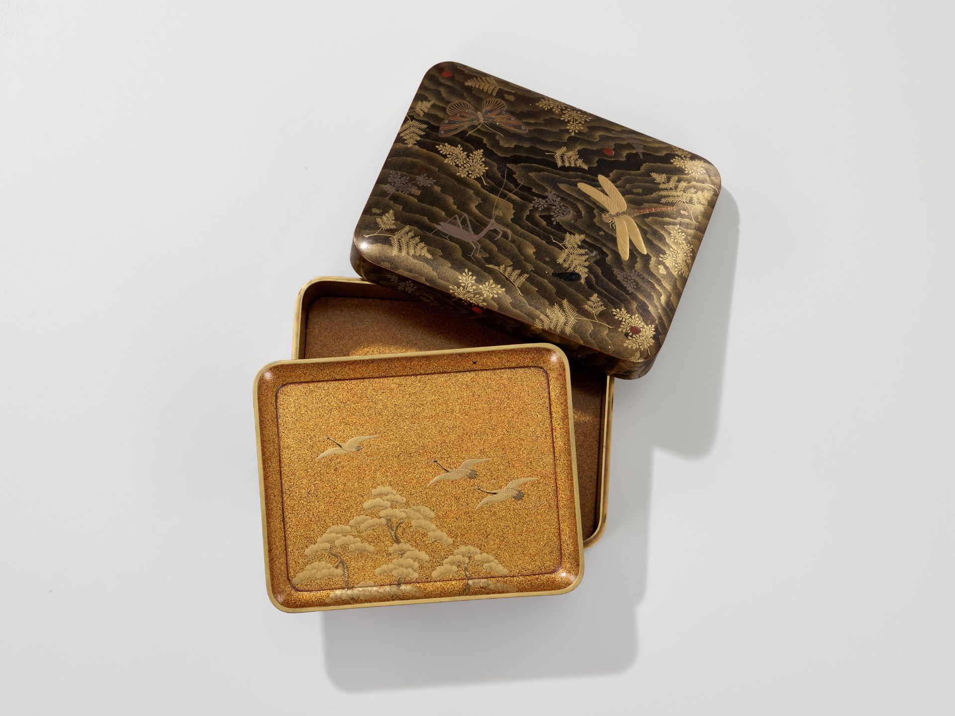 A FINE LACQUER BOX AND COVER DEPICTING INSECTS WITH INTERIOR TRAY - Image 8 of 10