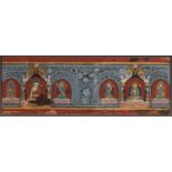 A RARE AND VERY LARGE PAINTED WOOD SUTRA COVER, NEPAL, CIRCA 1450