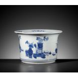 A BLUE AND WHITE 'HUNDRED TREASURES' JARDINIERE, QING DYNASTY