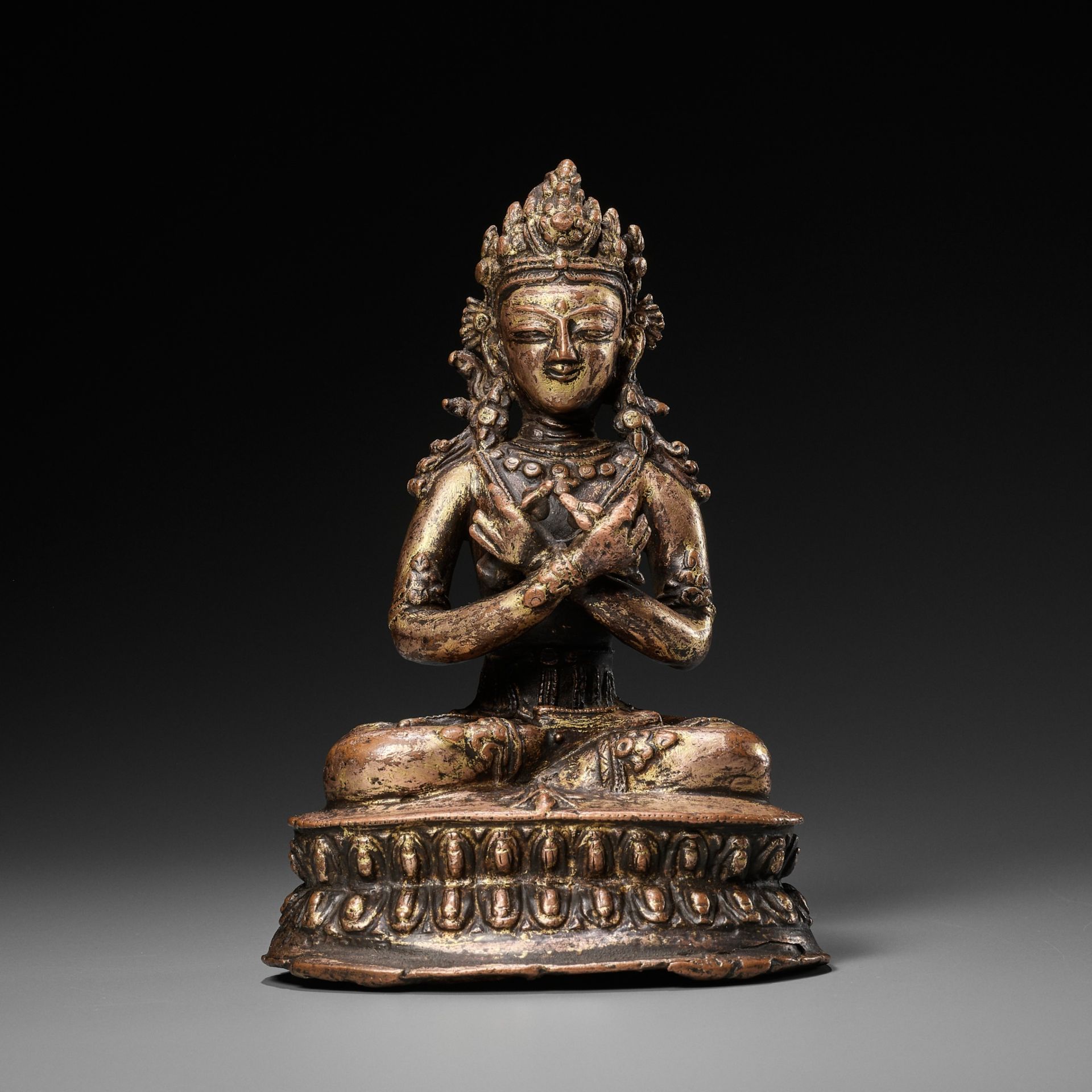 A GILT COPPER-ALLOY FIGURE OF VAJRADHARA, 15th-16TH CENTURY OR EARLIER