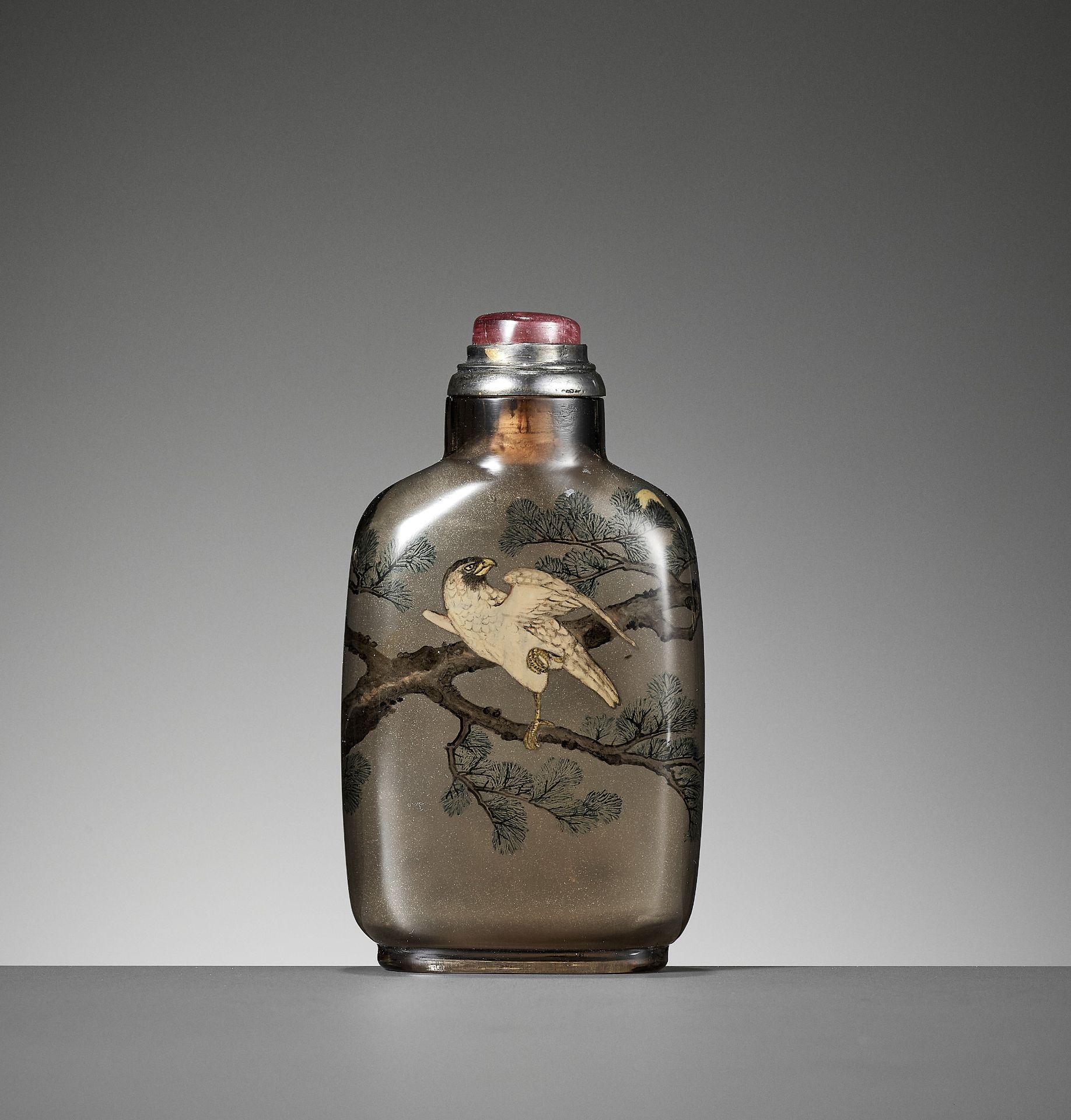 AN INSIDE-PAINTED 'HAWK AND MOON' SMOKY CRYSTAL SNUFF BOTTLE, BY YE ZHONGSAN, DATED 1935