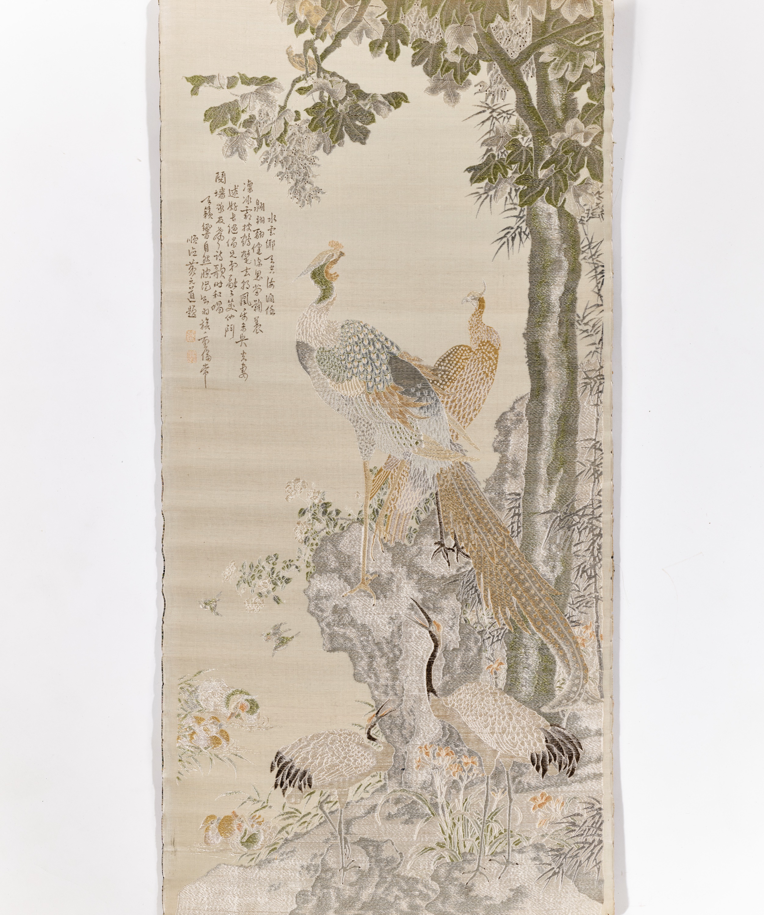 AN EMBROIDERED 'CRANES WORSHIPPING THE PHOENIX' SILK PANEL, 19TH CENTURY - Image 8 of 10