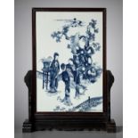 A LARGE BLUE AND WHITE 'COURT LADIES' SCREEN, QING DYNASTY