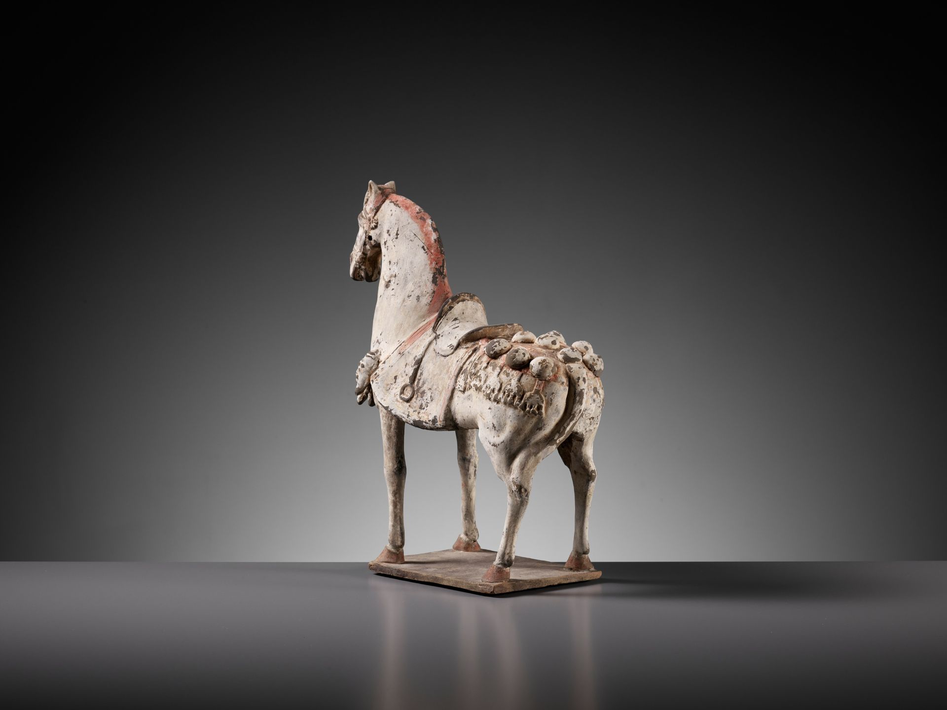 A PAINTED POTTERY FIGURE OF A CAPARISONED HORSE, EASTERN WEI DYNASTY - Image 3 of 9