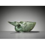A SPINACH GREEN JADE 'DUCK' LIBATION CUP, QING DYNASTY