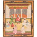 A MINIATURE PAINTING OF MUGHAL EMPEROR BABUR PAYING HOMAGE TO GURU NANAK