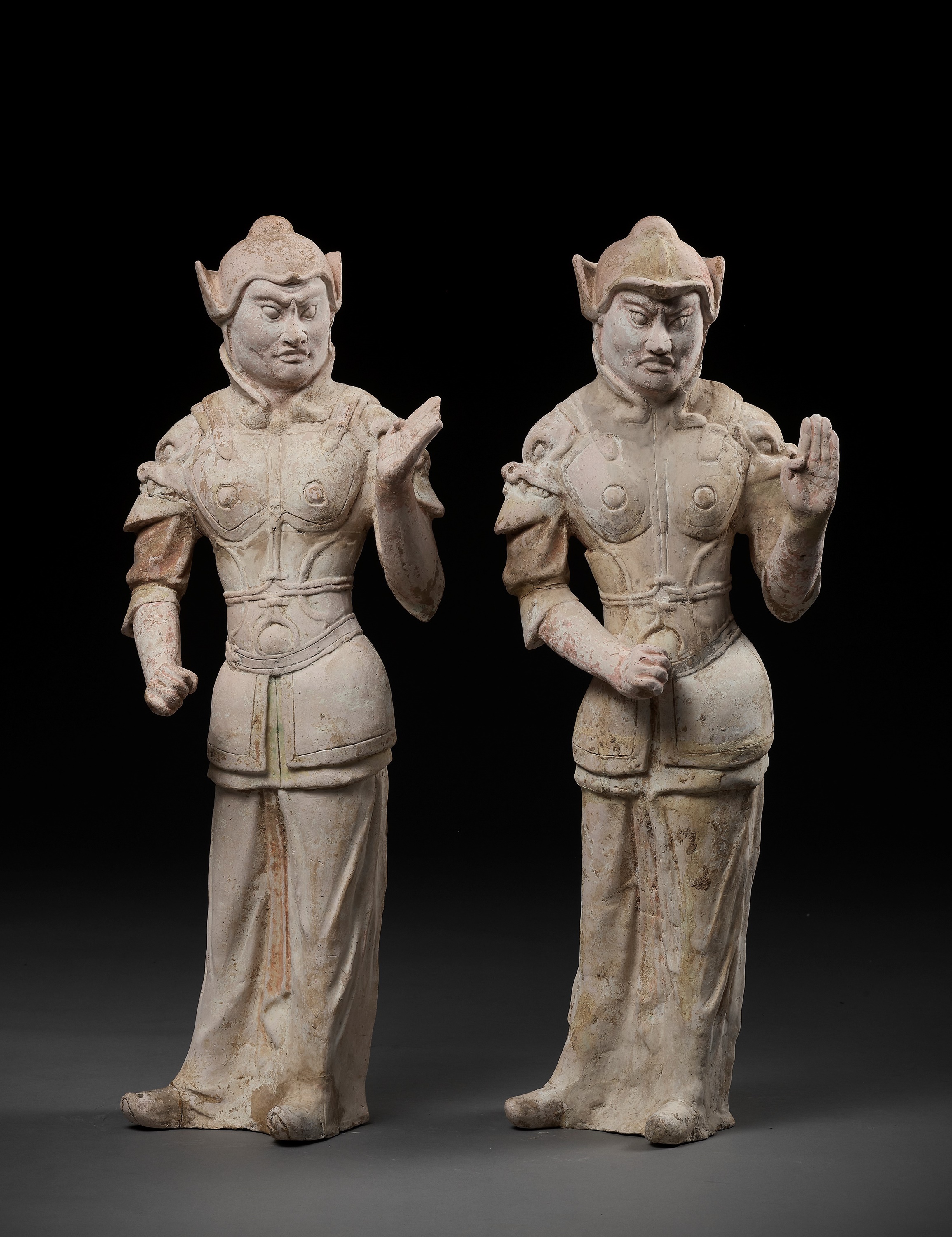 A PAIR OF LARGE POTTERY GUARDIAN FIGURES, WUSHIYONG, TANG DYNASTY - Image 2 of 12